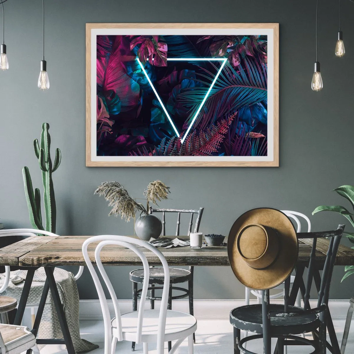 Plakat i ramme af lyst egetræ - Have i disco-stil - 50x40 cm