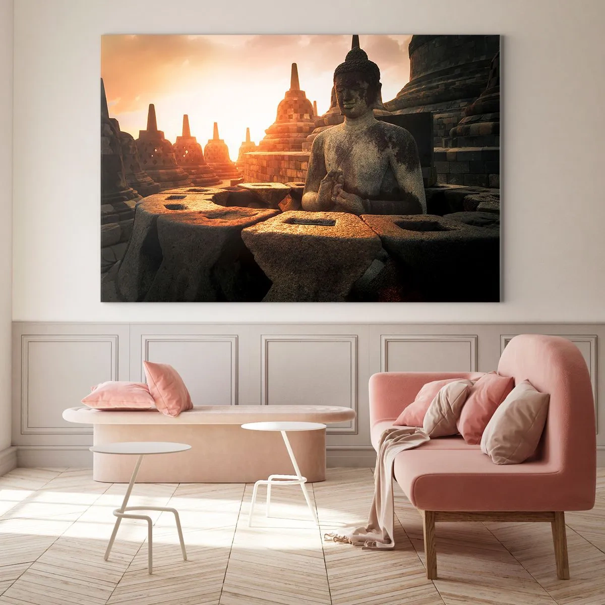 Billede på glas - En Buddha-statue oplyst af den nedgående sol i et gammelt tempelkompleks - 70x50cm - Vejr med stor visdom - Moderne vægdekoration til stue og soveværelse ARTTOR