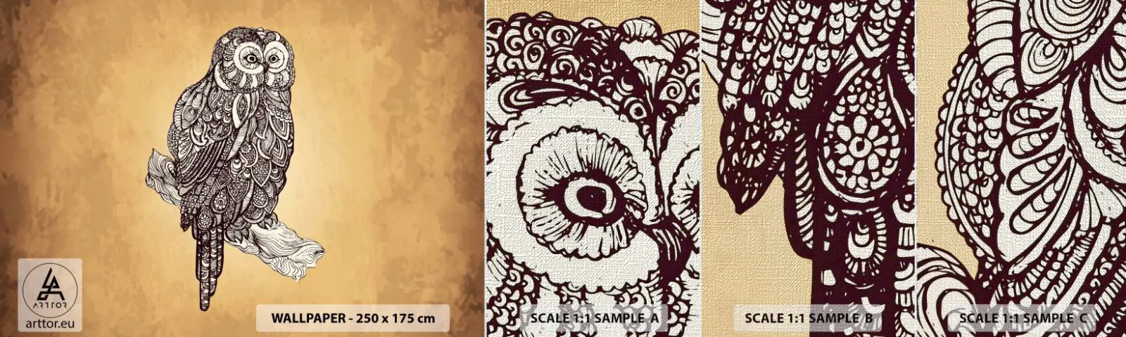 Prøve Fototapet Premium Canvas - Indviklede ornamenter af visdom - Ugle, Fugl, Dyr - 100x30 cm