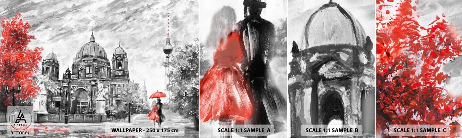 Prøve Fototapet Selvklæbende Deluxe Sticker - Møde i Berlin - By, Maleri, Arkitektur - 100x30 cm