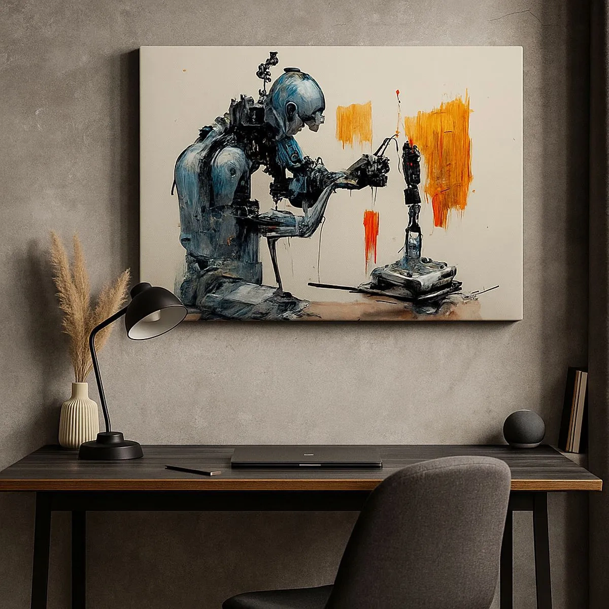 Lærredstryk - Billede på lærred - Robot på arbejde med abstrakt baggrund - 70x50cm - Kommer i morgen... - Moderne vægdekoration til stue og soveværelse ARTTOR