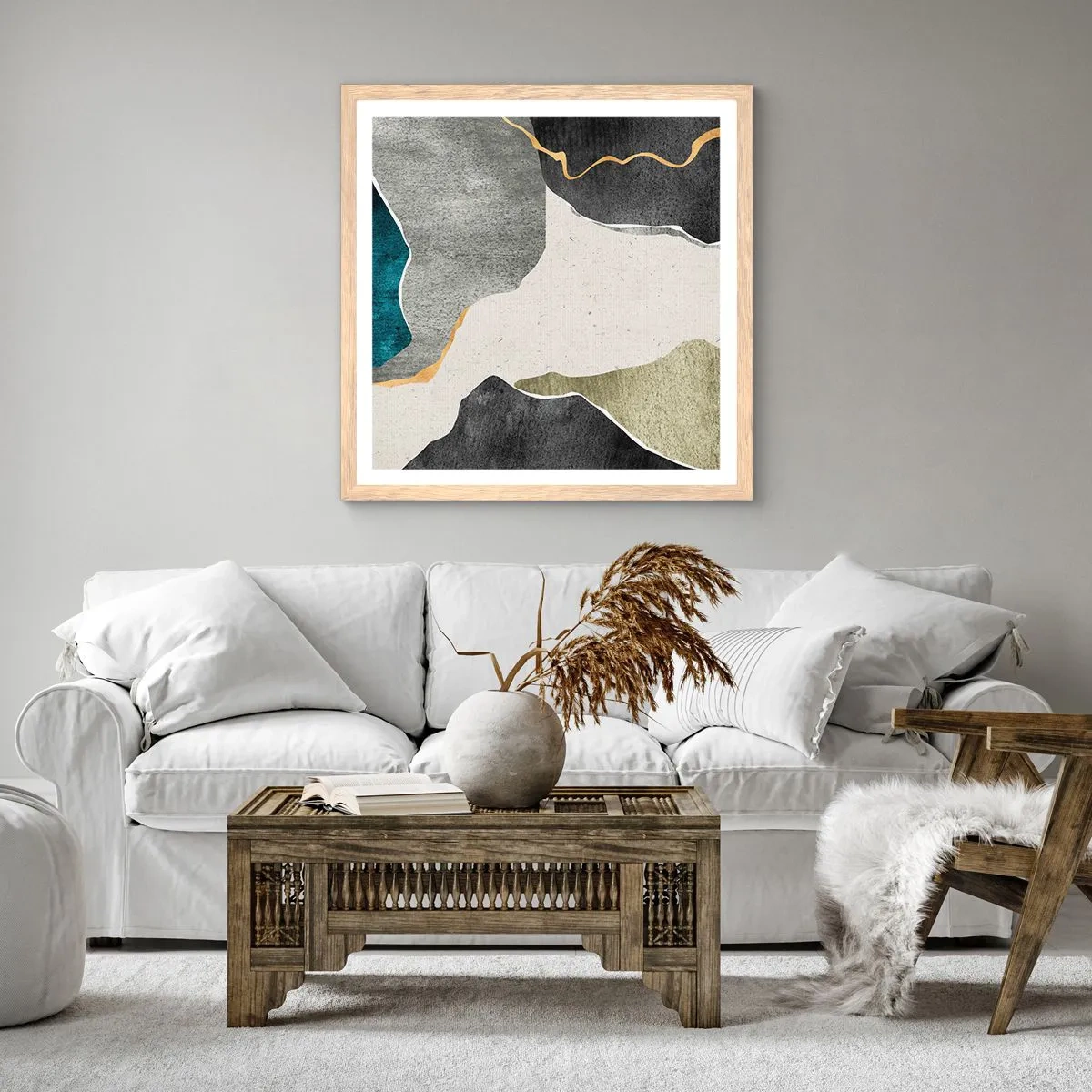 Plakat i ramme af lyst egetræ - Mosaikkomposition med en streng af guld - 30x30 cm