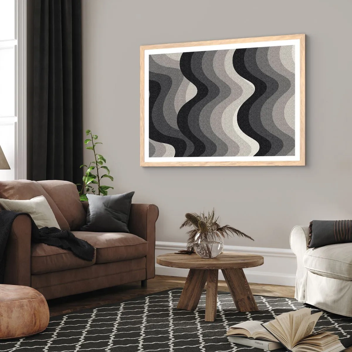 Plakat i ramme af lyst egetræ - Bølge efter bølge - 91x61 cm