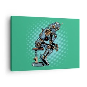 Lærredstryk - Billede på lærred - Pop art-stil tænkerrobot på en grøn baggrund - 70x50cm - Over essensen af 