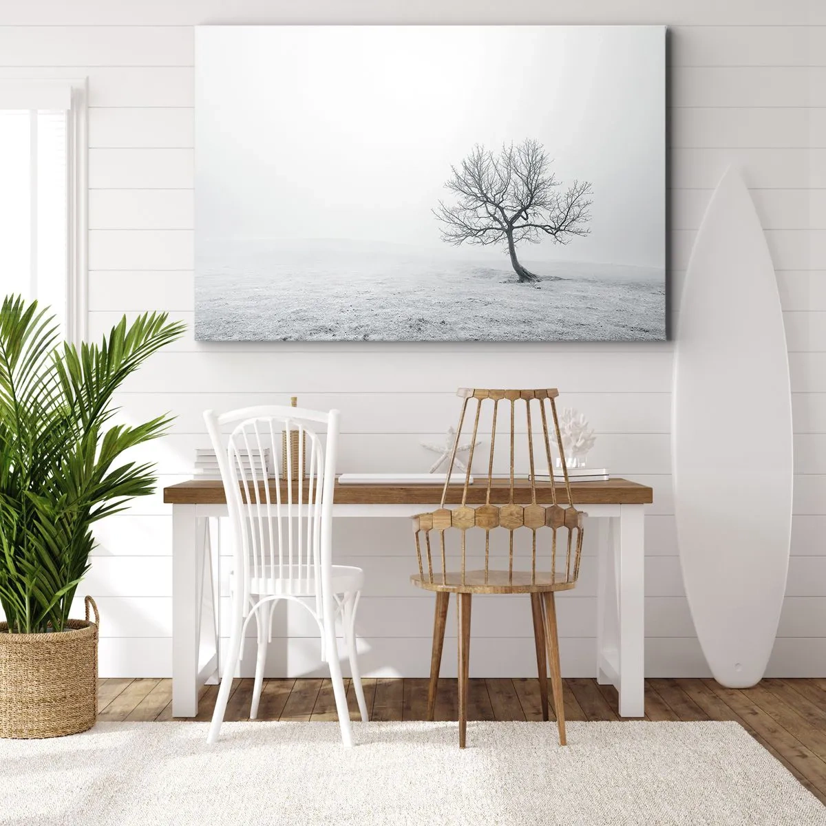 Lærredstryk - Billede på lærred - Et ensomt træ i vintertågen på en tom mark - 70x50cm - Mod intetheden - Moderne vægdekoration til stue og soveværelse ARTTOR