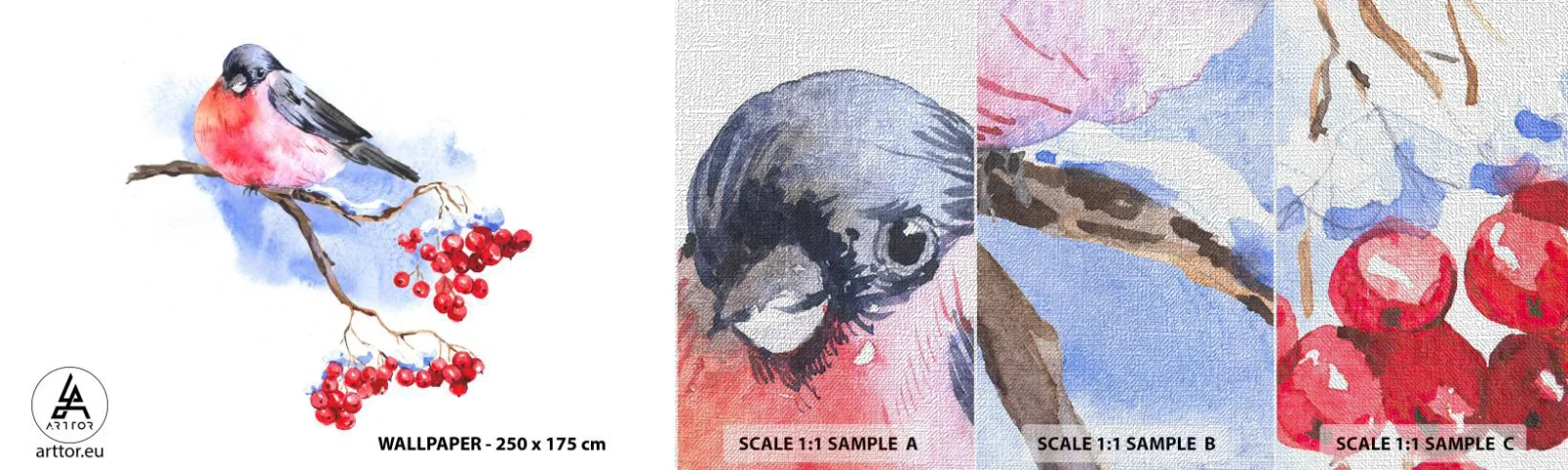 Prøve Fototapet Premium Canvas - Vinter i farver - Fugl På En Gren, Rød røn, Grafik - 100x30 cm