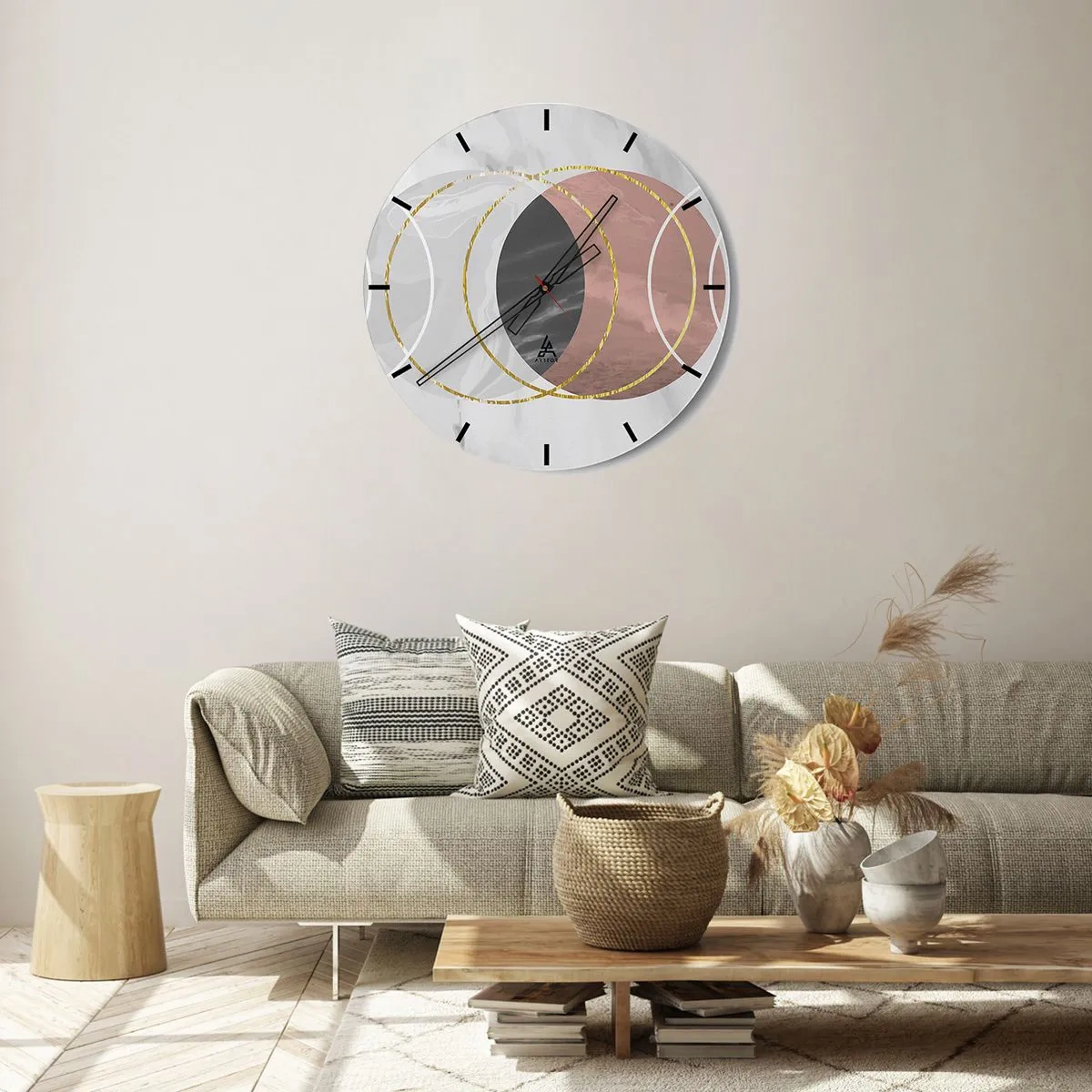 Vægur, Uret - Geometriske cirkler i nuancer af grå og kobber med gulddetaljer - 30x30cm - Sfærernes musik - Moderne vægdekoration til stue, køkken og soveværelse ARTTOR