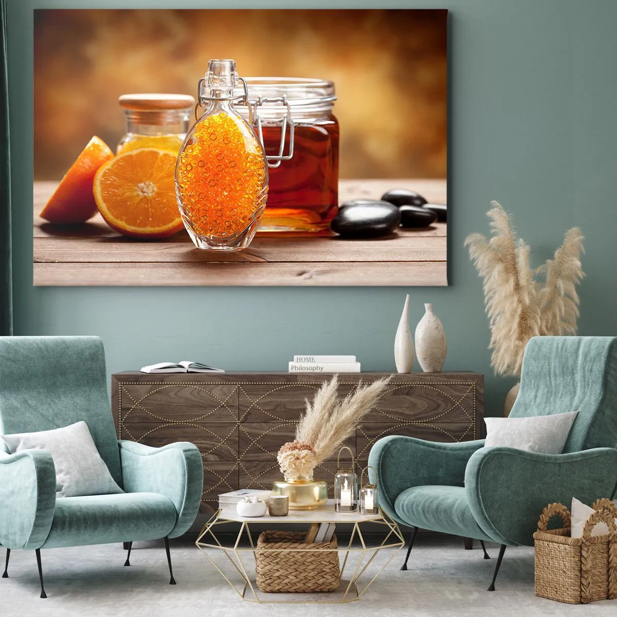Lærredstryk - Billede på lærred - En flaske ravfarvet væske og friske appelsiner - 70x50cm - Solrige smags- og aromastoffer - Moderne vægdekoration til stue og soveværelse ARTTOR