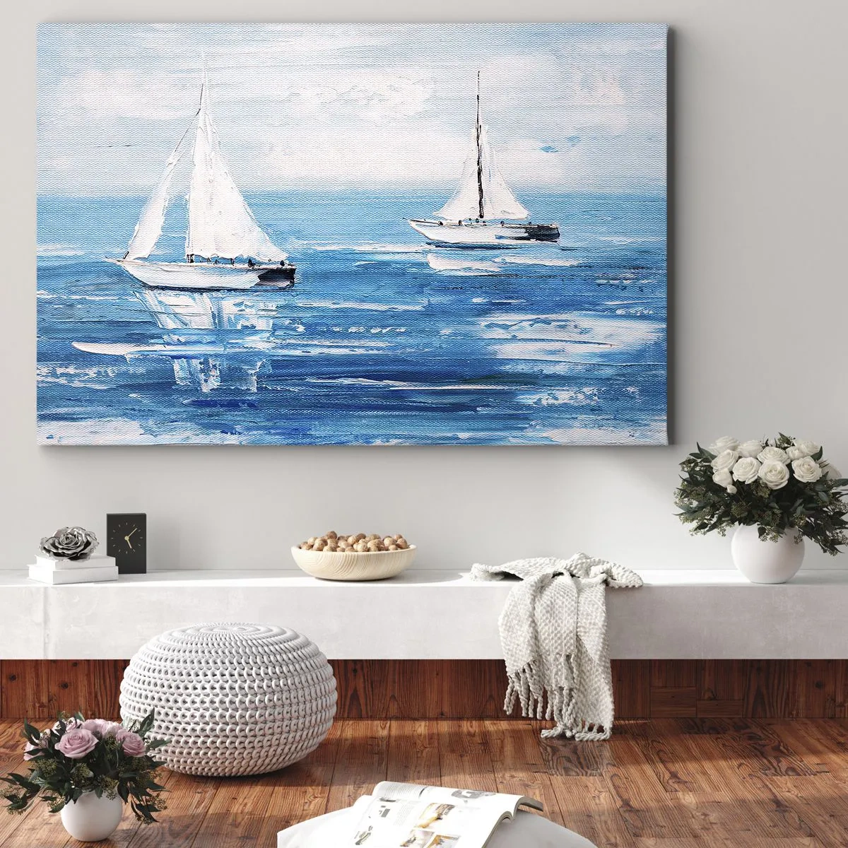 Lærredstryk - Billede på lærred - Yachter på det blå hav i kunstnerisk stil - 70x50cm - Med en ven ved din side - Moderne vægdekoration til stue og soveværelse ARTTOR