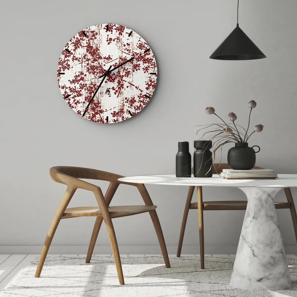 Vægur, Uret - Rødt blomstermønster på en hvid baggrund i vintagestil - 30x30cm - Som en gammel percale - Moderne vægdekoration til stue, køkken og soveværelse ARTTOR