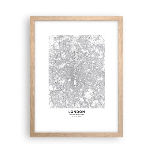 Plakat i ramme af lyst egetræ - Kort over Londons labyrint - 30x40 cm