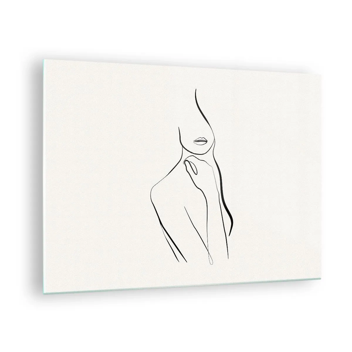 Billede på glas - En minimalistisk linje, der viser en kvindelig silhuet mod en lys baggrund - 70x50cm - Bølge af melankoli - Moderne vægdekoration til stue og soveværelse ARTTOR