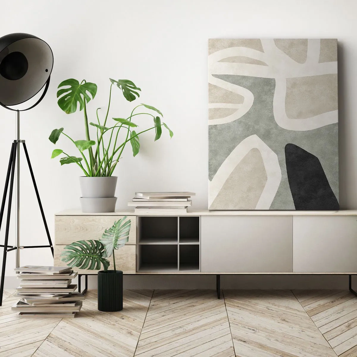 Lærredstryk - Billede på lærred - Komposition med et sort tema - 45x80 cm