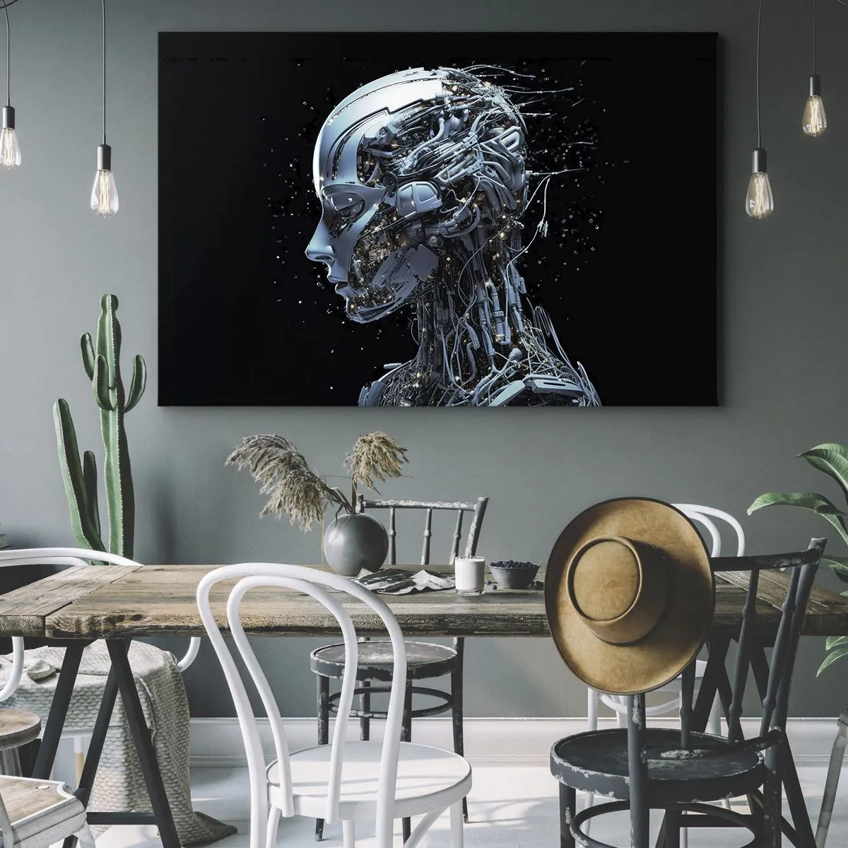 Lærredstryk - Billede på lærred - Futuristisk portræt af en cyborg i industriel stil på en sort baggrund. - 70x50cm - Teknologi er en kvinde - Moderne vægdekoration til stue og soveværelse ARTTOR