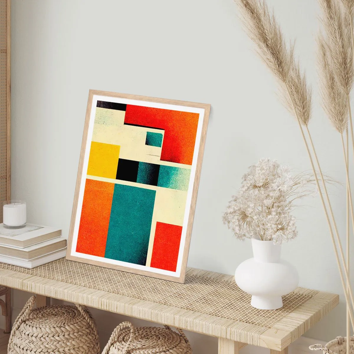 Plakat i ramme af lyst egetræ - Geometrisk abstraktion - god energi - 30x40 cm