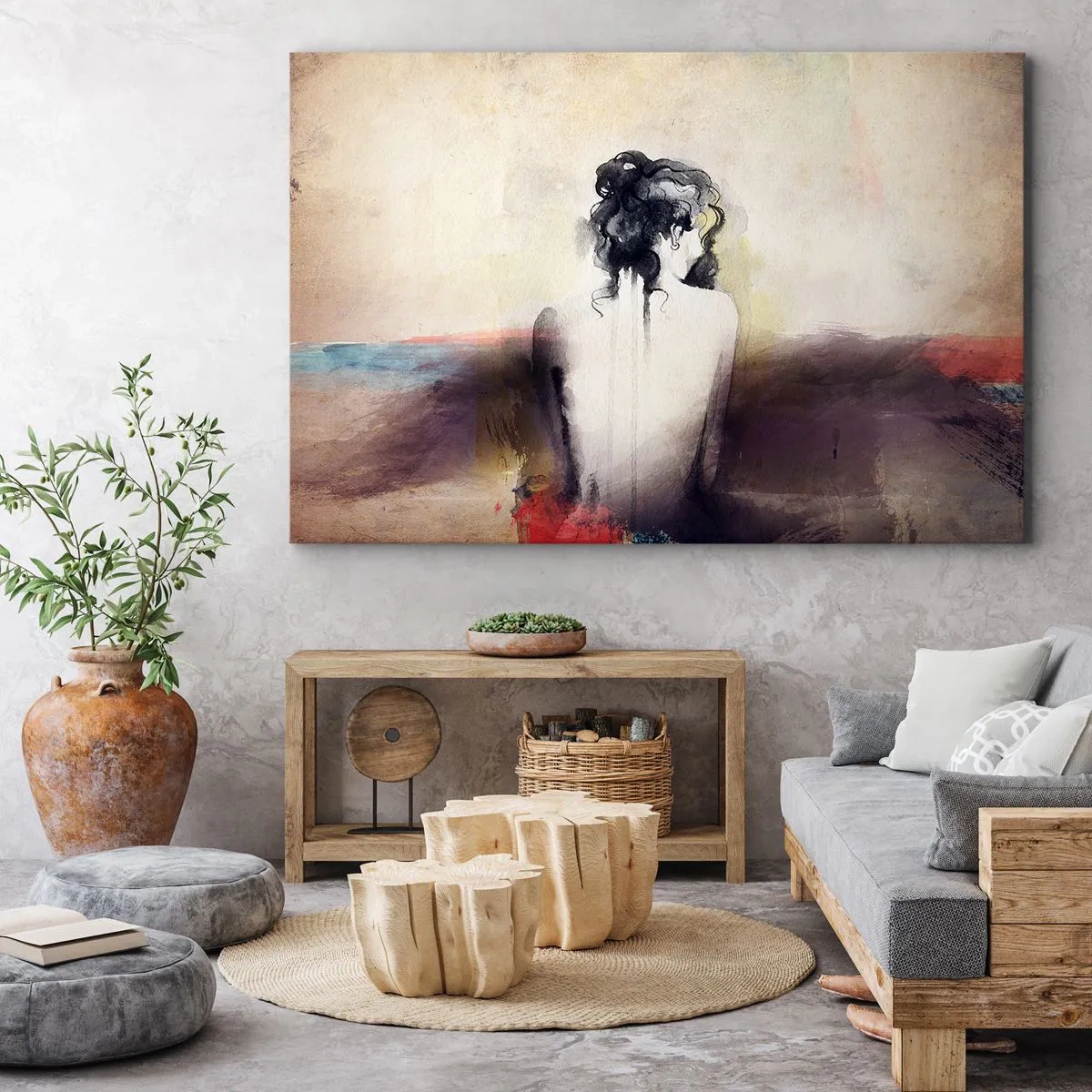Lærredstryk - Billede på lærred - Et diskret portræt af en kvinde i kunstnerisk stil - 70x50cm - Glatte linjer, ovale former - Moderne vægdekoration til stue og soveværelse ARTTOR