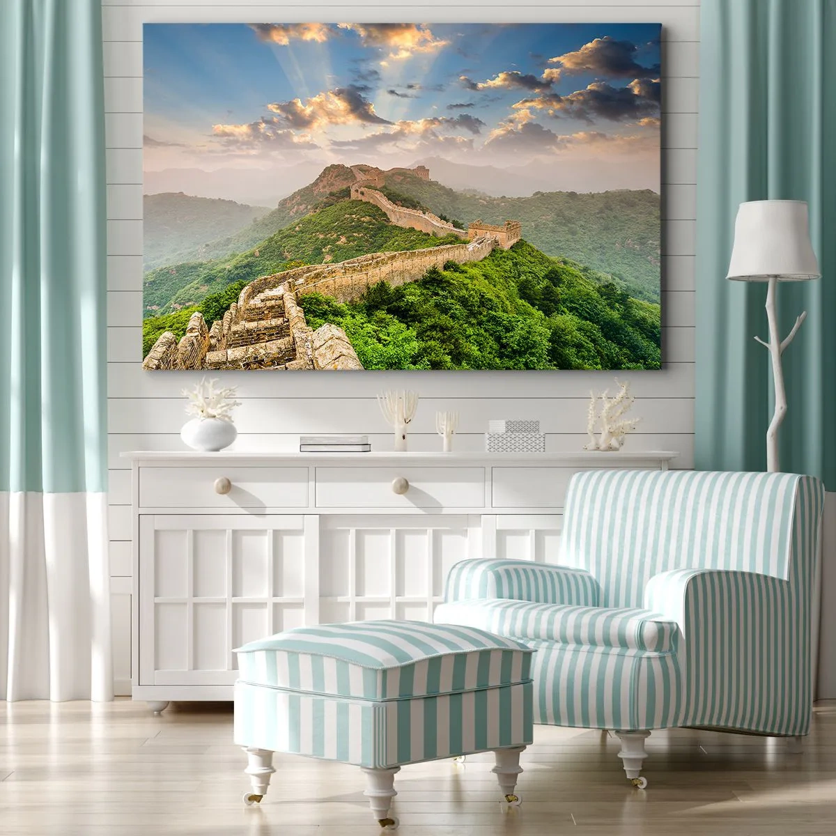 Lærredstryk - Billede på lærred - Den Kinesiske Mur oplyst af sollys i et malerisk landskab - 70x50cm - Uforanderlig storhed - Moderne vægdekoration til stue og soveværelse ARTTOR