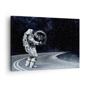 Lærredstryk - Billede på lærred - Astronaut med Jorden mod stjernehimlen - 70x50cm - På Mælkevejen - Moderne vægdekoration til stue og soveværelse ARTTOR