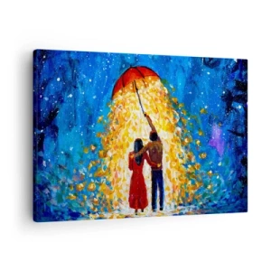 Lærredstryk - Billede på lærred - Et par under en rød paraply i den lysende regn - 70x50cm - Magien ved en regnfuld aften? - Moderne vægdekoration til stue og soveværelse ARTTOR