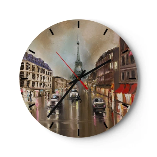 Vægur, Uret - Eiffeltårnet omgivet af en parisisk gade i regnvejr - 30x30cm - Det eneste, der betyder noget, er hende - Moderne vægdekoration til stue, køkken og soveværelse ARTTOR