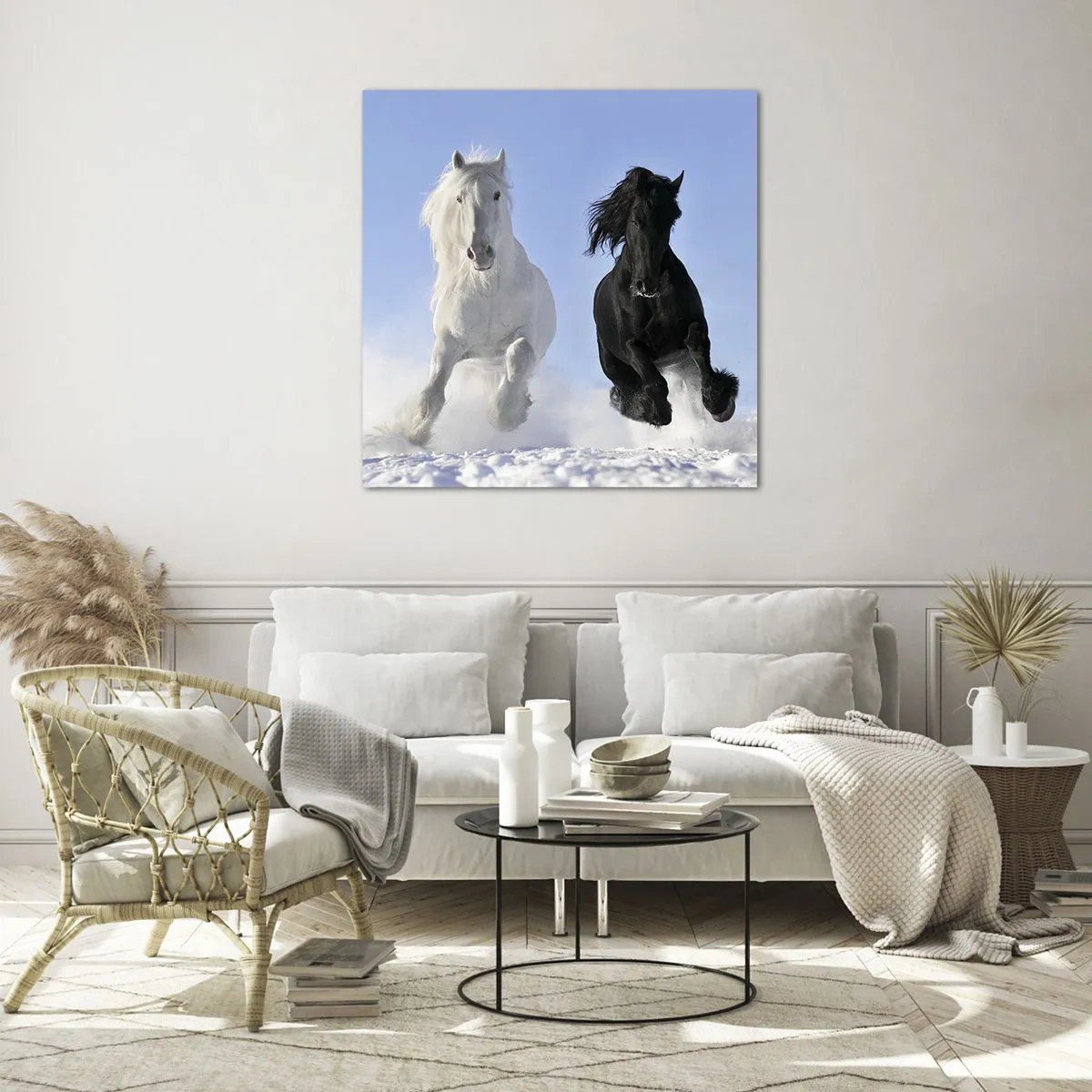 Billede på glas - Sort og hvid galop - 60x60 cm