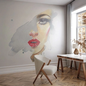 Fototapet Premium Sand - Refleksion i en vanddråbe - Kvindens ansigt, Kvinde, røde læber - 450x315 cm