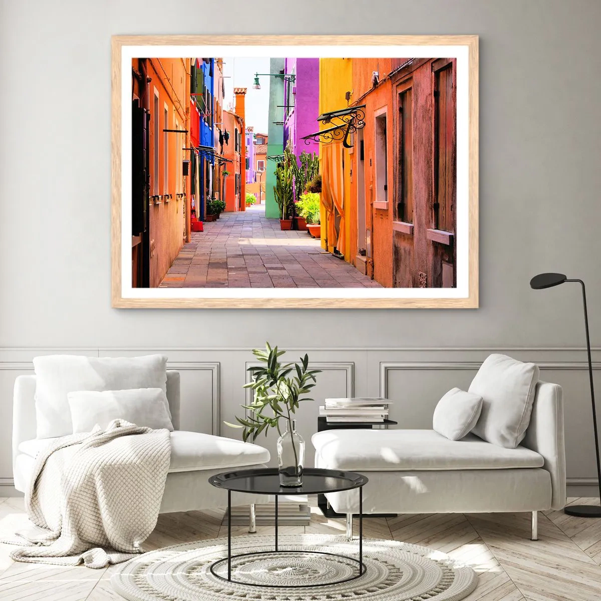 Plakat i ramme af lyst egetræ - Regnbue gyde - 50x40 cm