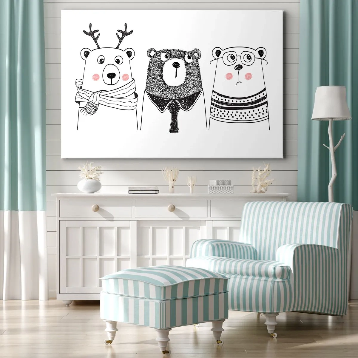 Lærredstryk - Billede på lærred - Tre sjove bjørne i minimalistisk stil - 70x50cm - Bamse, bamse, bamse og bamse - Moderne vægdekoration til stue og soveværelse ARTTOR