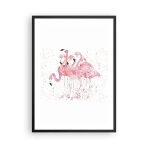 Plakat i sort ramme - En gruppe lyserøde flamingoer på en hvid baggrund - 50x70cm - Lyserød ansambl - Moderne vægdekoration til stue og soveværelse ARTTOR