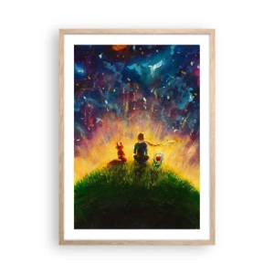 Plakat i ramme af lyst egetræ - Kærlighed og venskab - hele verden - 50x70 cm