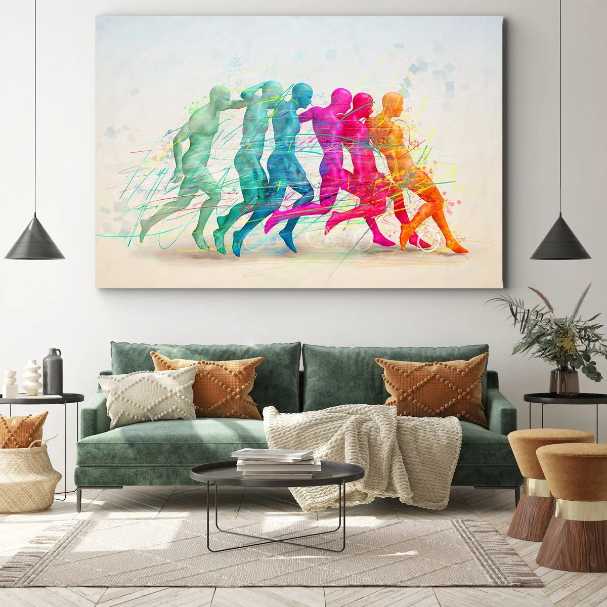 Lærredstryk - Billede på lærred - Farverige silhuetter af løbere i bevægelse - 70x50cm - Harmoni i bevægelse - Moderne vægdekoration til stue og soveværelse ARTTOR