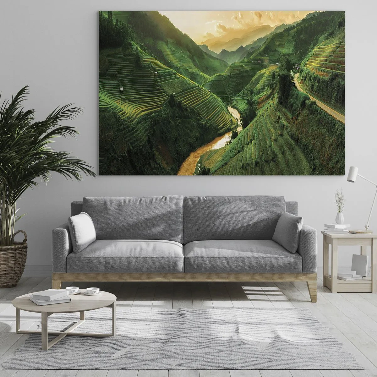 Billede på glas - Maleriske risterrasser i dalen ved solnedgang - 70x50cm - Vietnamesisk dal - Moderne vægdekoration til stue og soveværelse ARTTOR