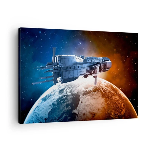 Lærredstryk - Billede på lærred - Et rumskib mod en planet i rummets baggrund - 70x50cm - Forsigtig observatør - Moderne vægdekoration til stue og soveværelse ARTTOR