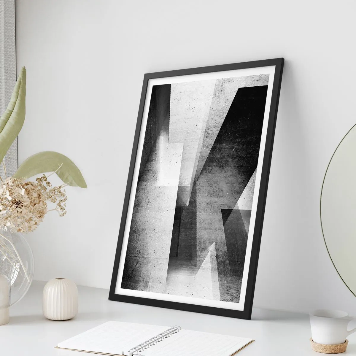 Plakat i sort ramme - Geometrisk abstraktion i sort-hvid - 50x70cm - Rummet struktur - Moderne vægdekoration til stue og soveværelse ARTTOR