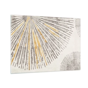 Billede på glas - Radiale linjer i nuancer af guld og grå på en lys baggrund - 70x50cm - Skønheden i en rokke - Moderne vægdekoration til stue og soveværelse ARTTOR