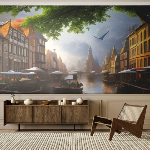 Fototapet Selvklæbende Deluxe Sticker - Hollandsk bybillede - Gammel by, Både, Kanal - 450x315 cm