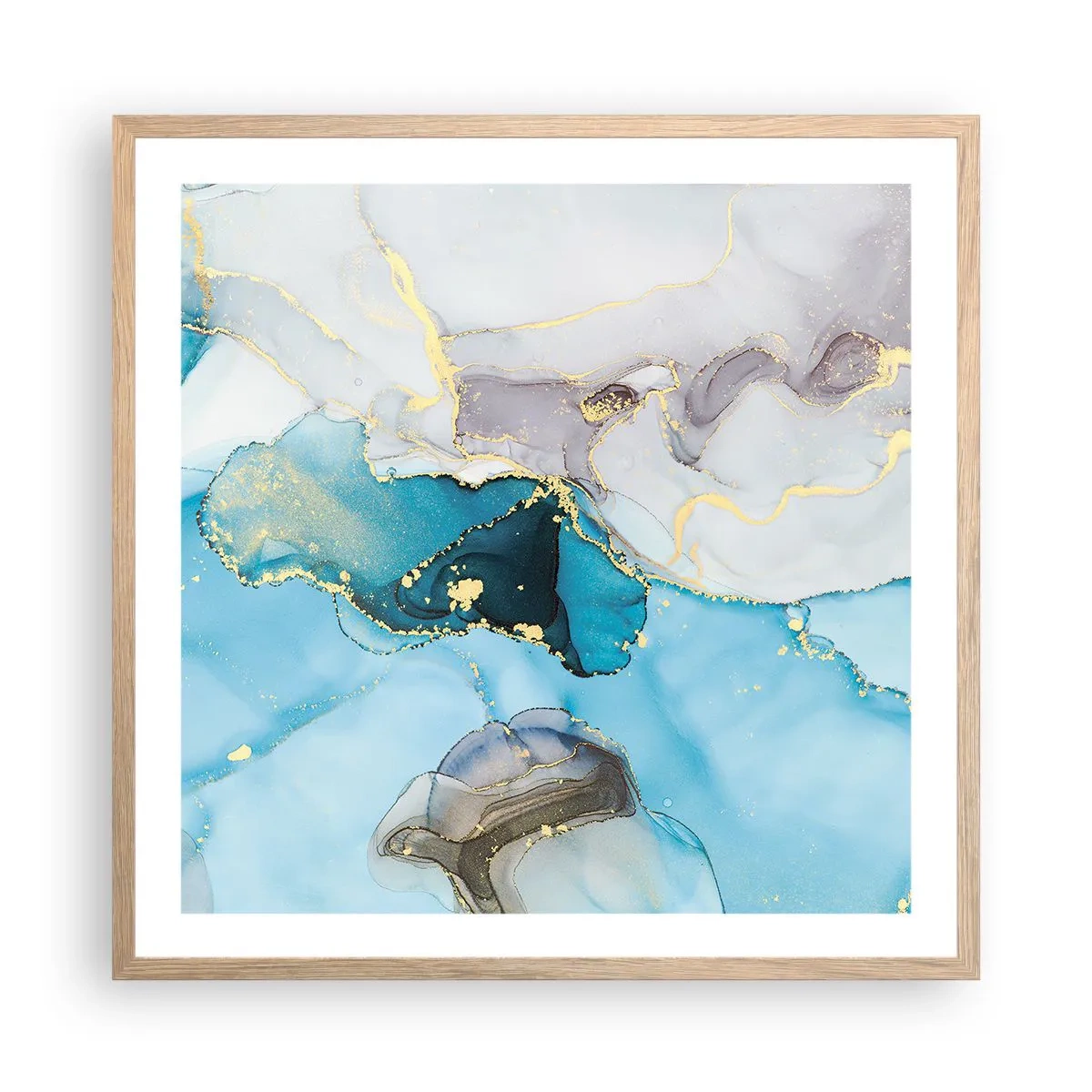 Plakat i ramme af lyst egetræ - En undersøgelse af mødet mellem grå og turkis - 60x60 cm