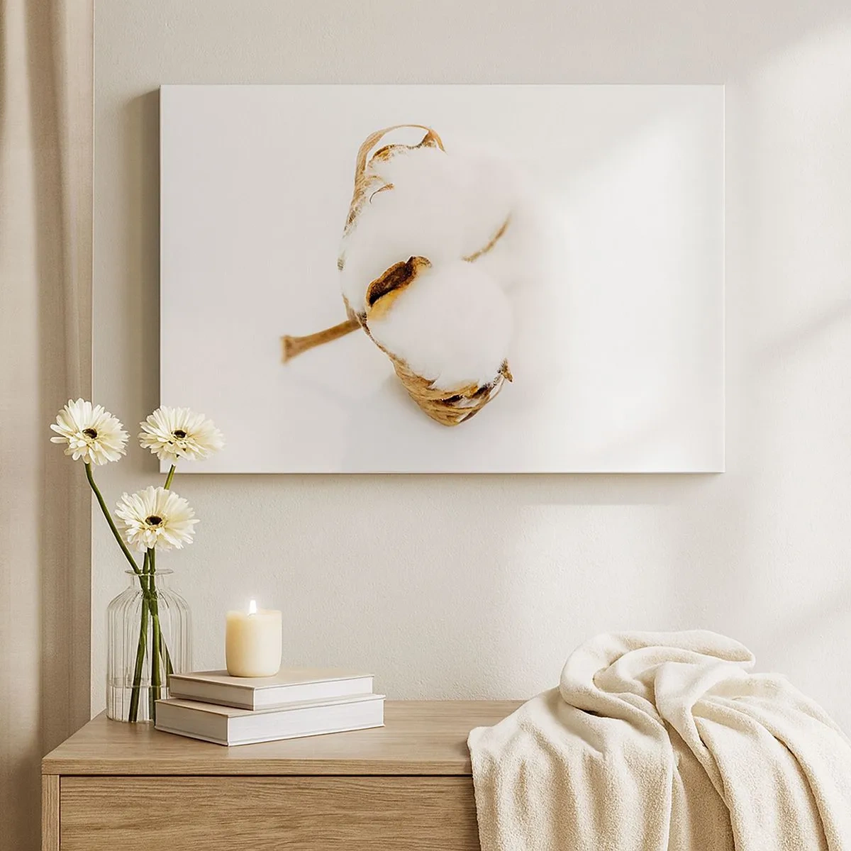 Lærredstryk - Billede på lærred - En bomuldsgren på en lys baggrund i en minimalistisk tilgang - 70x50cm - Blød af natur - Moderne vægdekoration til stue og soveværelse ARTTOR