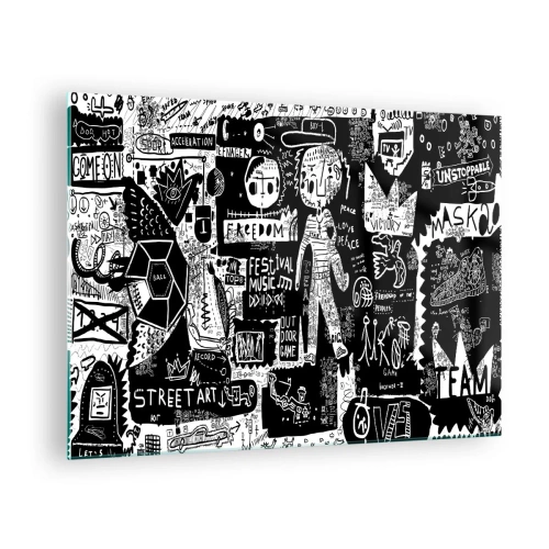 Billede på glas - Sort-hvid street art-grafik i stil med figurer og symboler - 70x50cm - Den åndelige ungdom med lov og glæde - Moderne vægdekoration til stue og soveværelse ARTTOR
