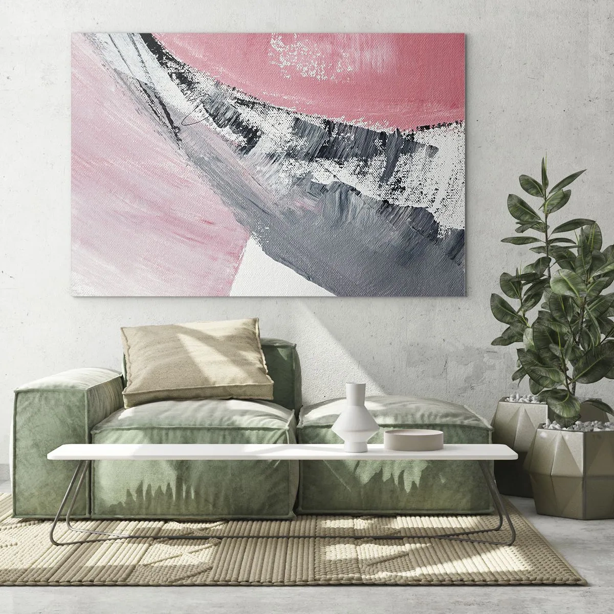 Billede på glas - Moderne abstraktion i pink, hvid og grå med penselstrøgstekstur - 70x50cm - Matchende sammensætning - Moderne vægdekoration til stue og soveværelse ARTTOR