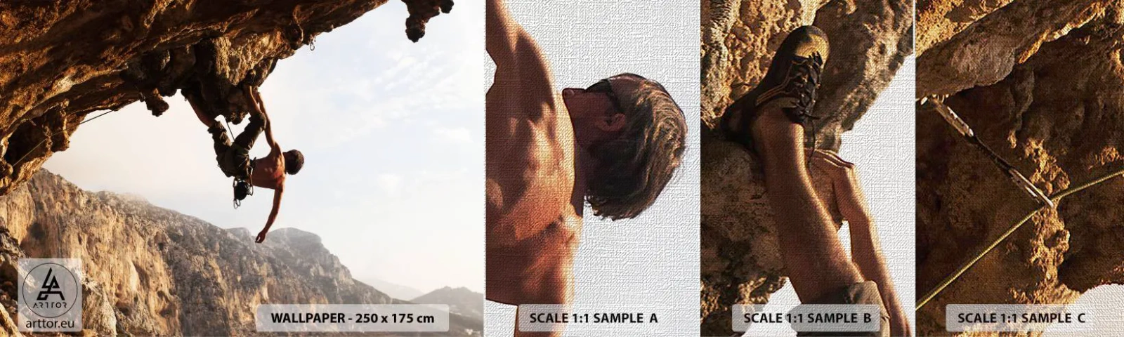 Prøve Fototapet Premium Canvas - Verden skrumpede ind i en håndfuld på en klippeskrænt - Kalymnos ø, Bjergbestigning, Landskab - 100x30 cm