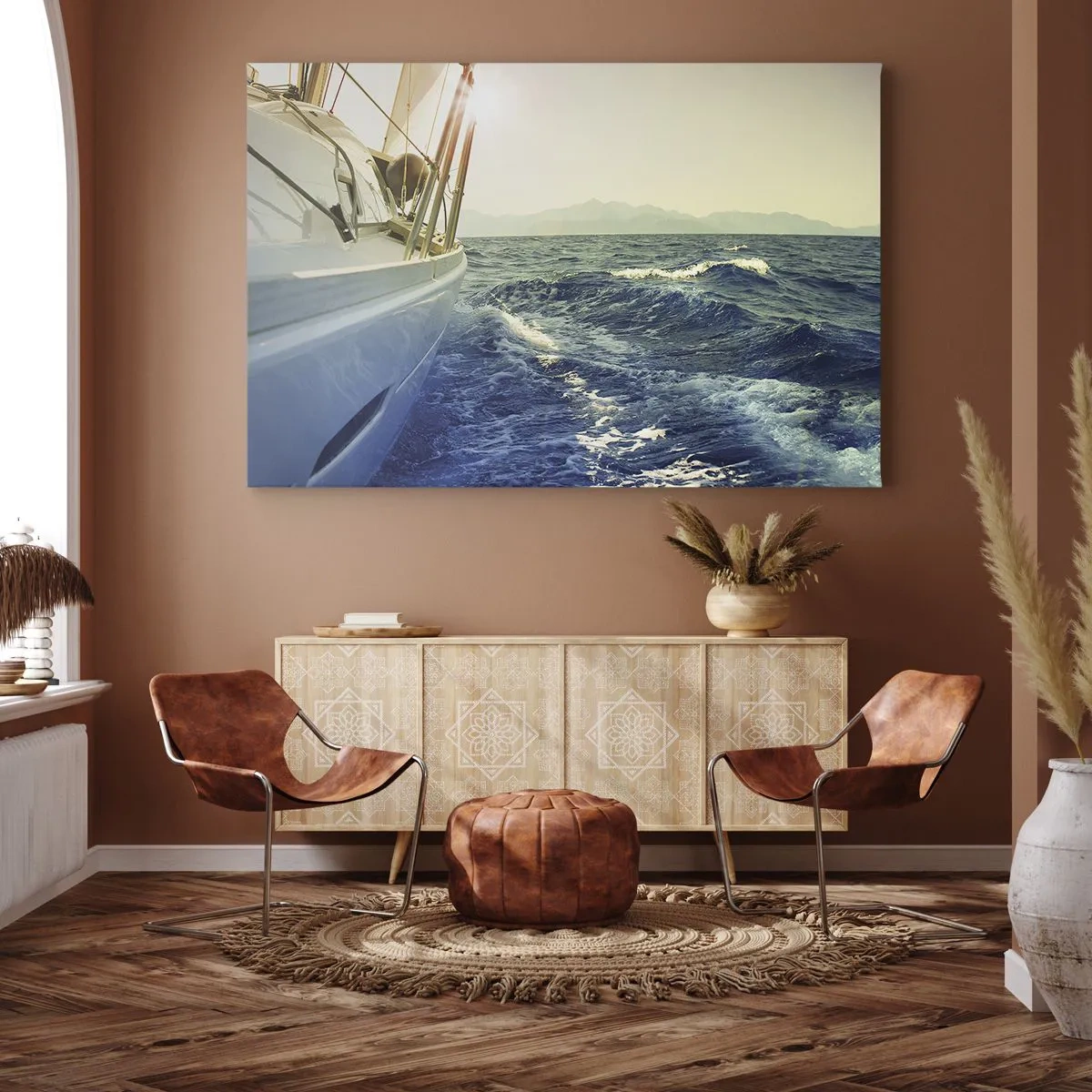 Lærredstryk - Billede på lærred - En yacht på det åbne hav med udsigt over bølgerne - 70x50cm - For eventyr - Moderne vægdekoration til stue og soveværelse ARTTOR