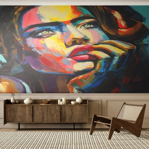 Fototapet Premium Sand - Drømme som fugle svæver gennem himlen - Portræt af en kvinde, ansigt, Stykke - 150x105 cm