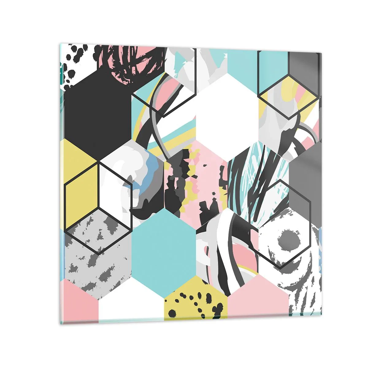 Billede på glas - Sekskanter og terninger i seks farver - 50x50 cm