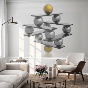 Fototapet Standard Eco - Abstrakt sammensætning af metalkugler og platforme - 100x70cm - Guld-sølv-balancen - Moderne vægdekoration til stue og soveværelse ARTTOR