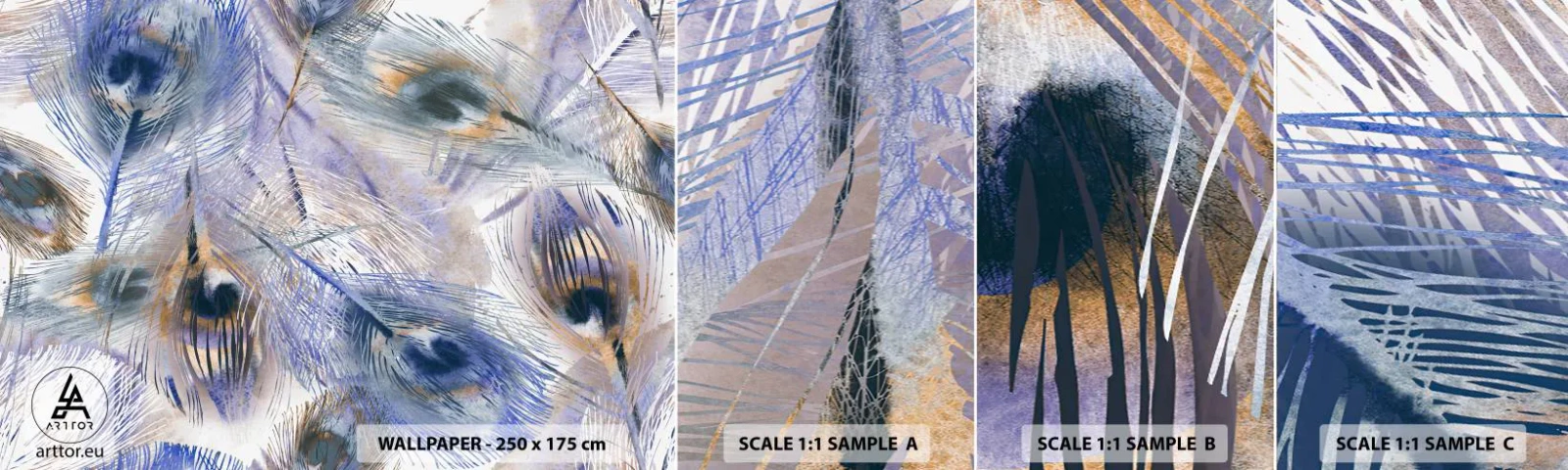 Prøve Fototapet Selvklæbende Deluxe Sticker - Påfugl sammensætning - Abstraktion, Påfuglefjer, Boho - 100x30 cm