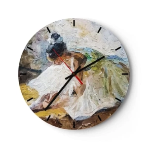 Vægur, Uret - En balletdanser i en hvid kjole afbildet i impressionistisk stil. - 30x30cm - Fra et maleri af Degas - Moderne vægdekoration til stue, køkken og soveværelse ARTTOR