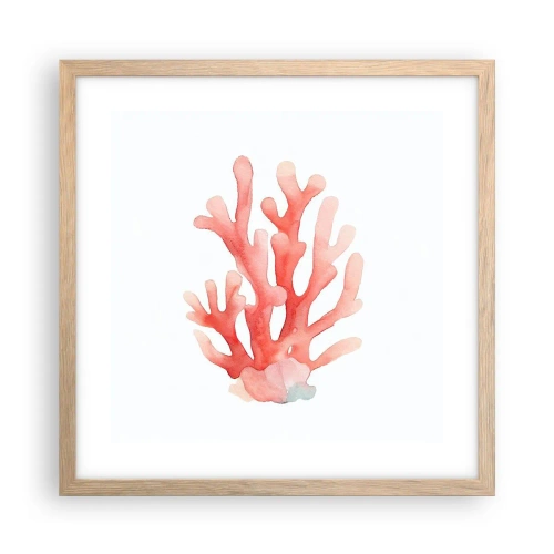 Plakat i ramme af lyst egetræ - Farven koral - 40x40 cm