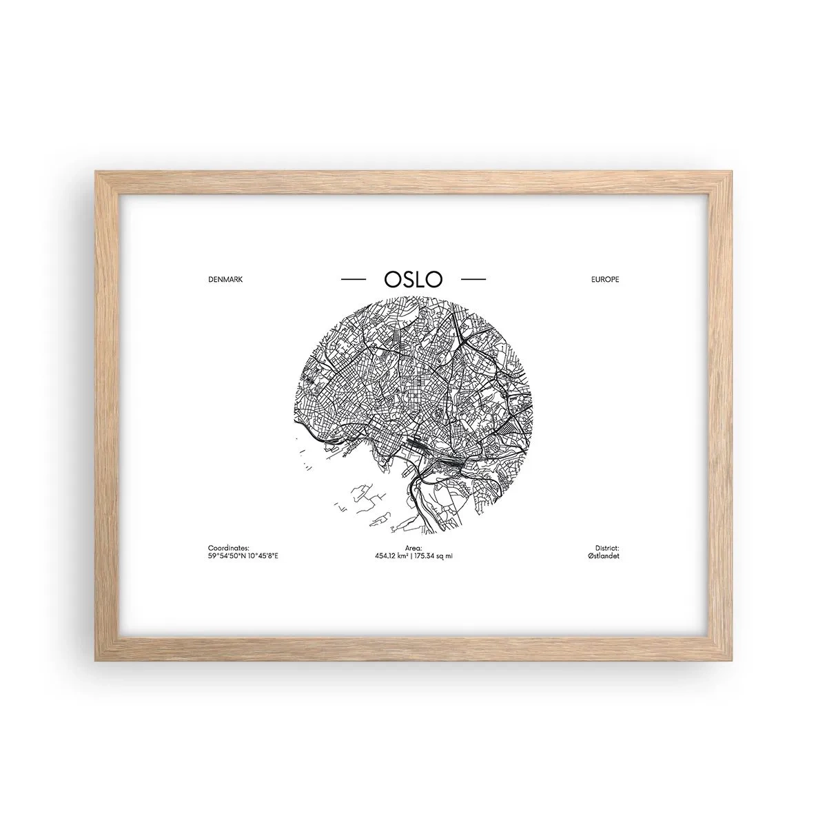Plakat i ramme af lyst egetræ - Anatomi af Oslo - 40x30 cm