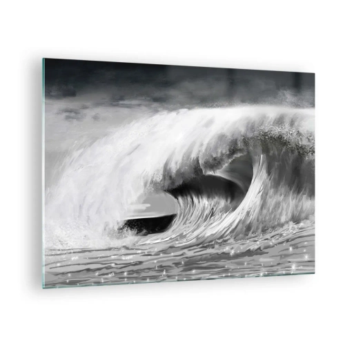 Billede på glas - En kraftfuld bølge fanget i sort-hvid æstetik - 70x50cm - Havets vrede - Moderne vægdekoration til stue og soveværelse ARTTOR